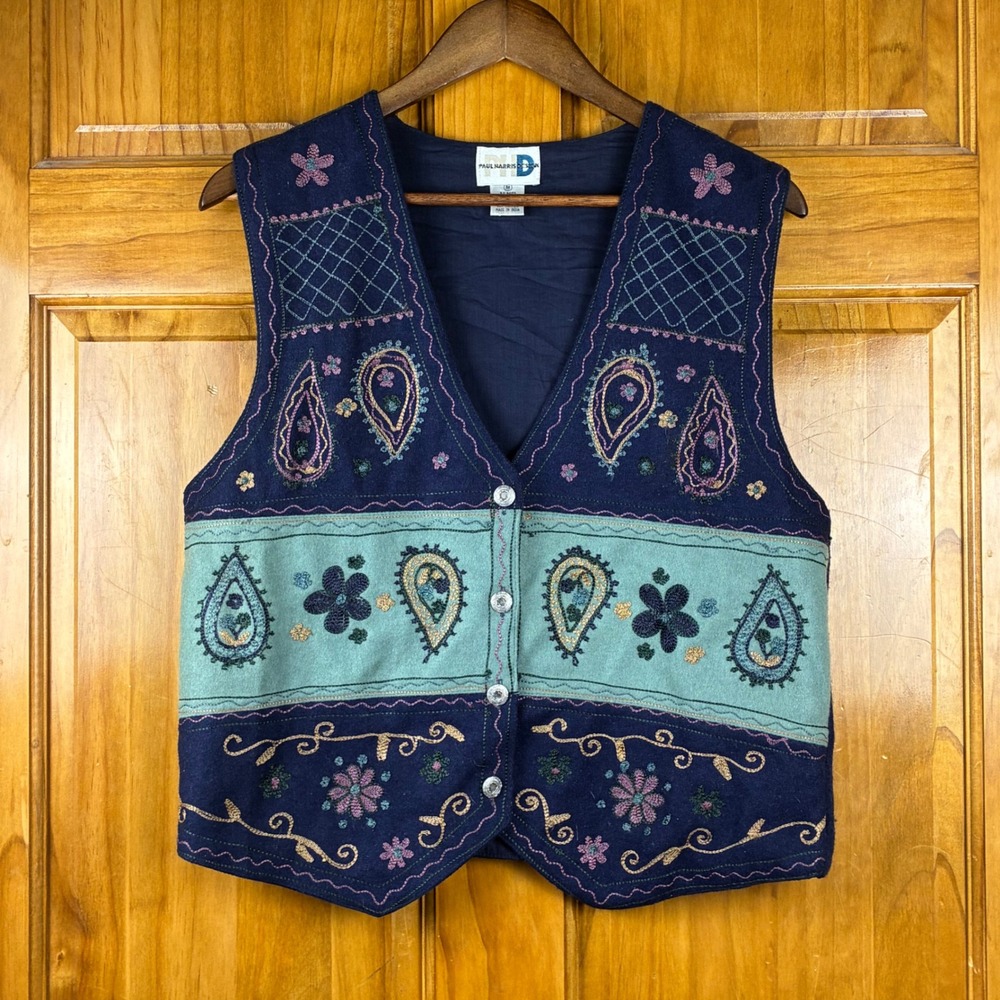 Vintage Paul Harris Design Embroidered Wool Blend Vest M Paisley Floral Boho